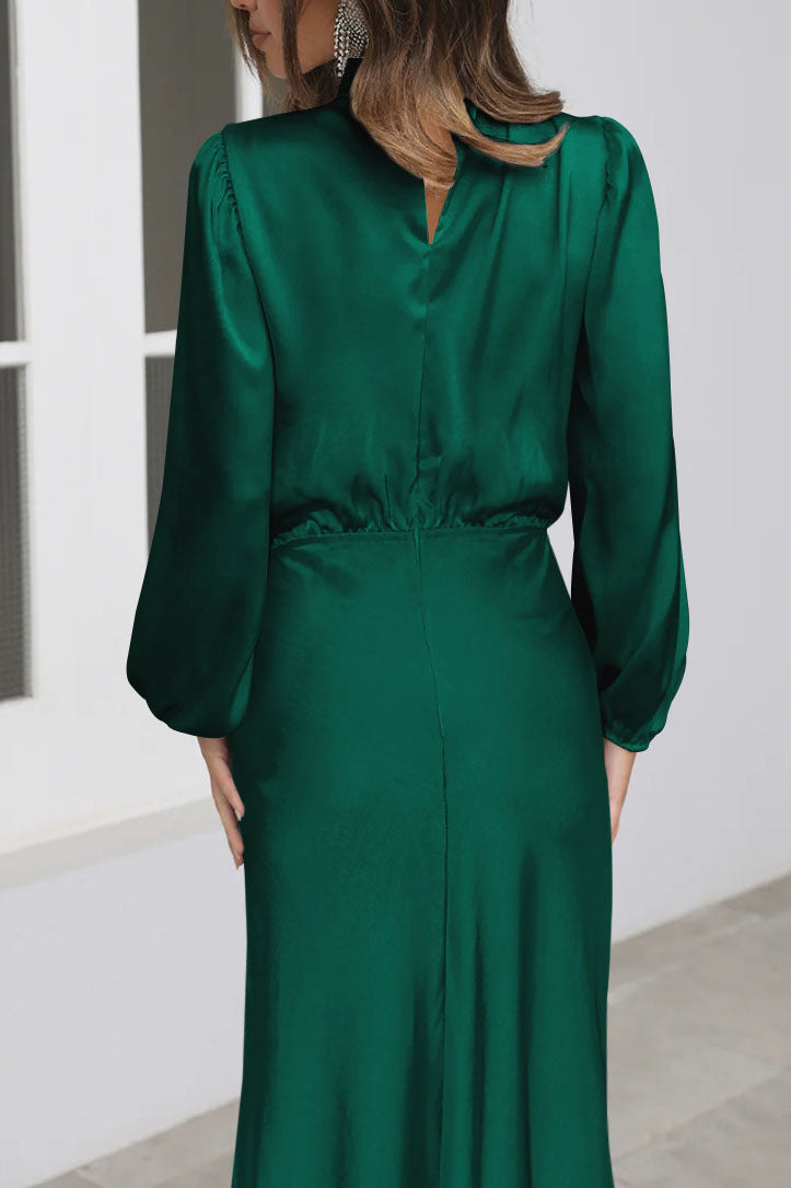 Chic Satin Long Sleeve Midi High Neck Dress - Fashionpara