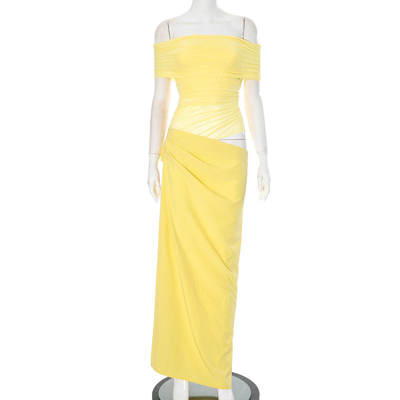 Off Shoulder Ruched Asymmetric Drape Hip Maxi Gown - View 2