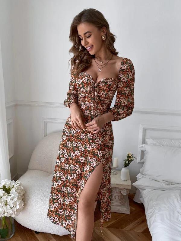 Floral Print Sweetheart Puff Sleeve Maxi Dress