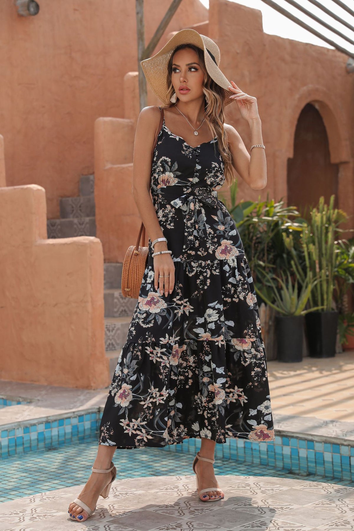 Floral Print Button Front Tiered Maxi Dress