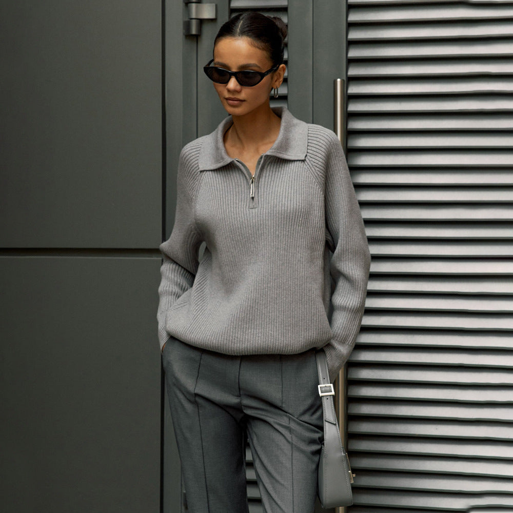 Collared Quarter Zip Ribbed Knit Sweater 4