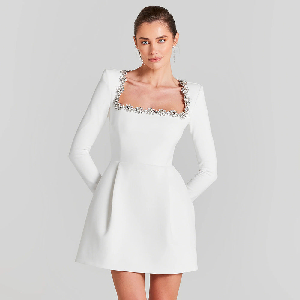 Rhinestone Square Neck Long Sleeve Structured A-Line Mini Dress - View 3