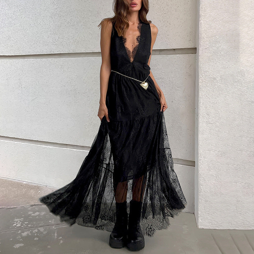 Black Brocade Lace All Matching V-neck Loose Backless Dress - View 4