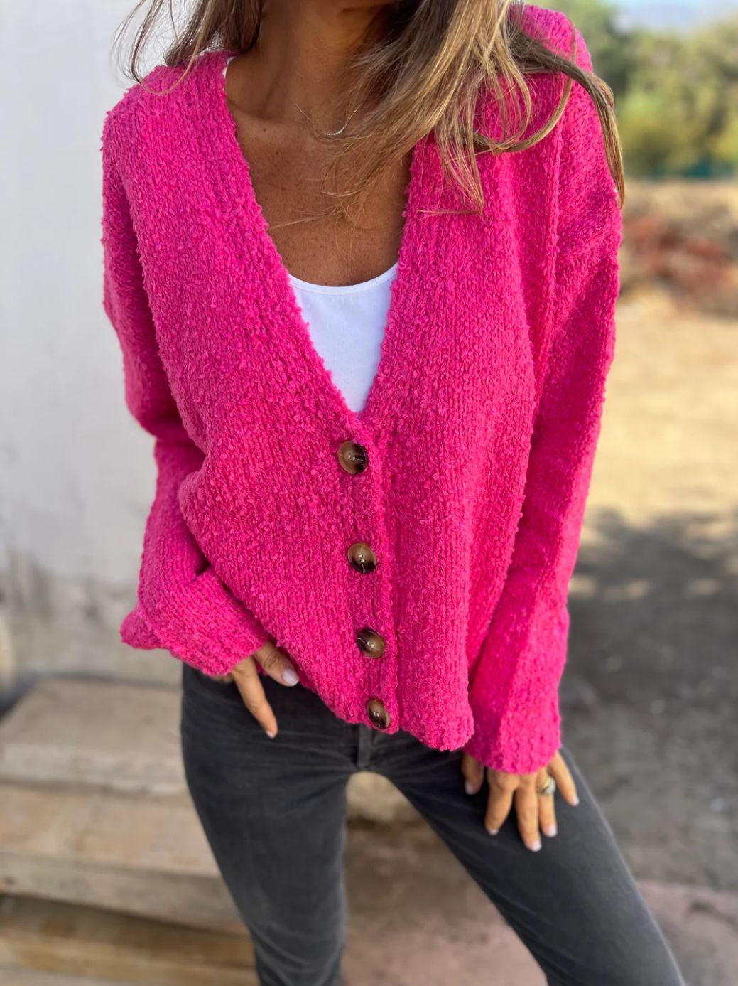 Solid Color Button Knit Cardigan in Cozy Polar Fleece