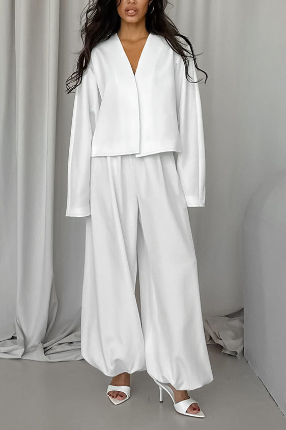 Chic V-Neck Coat and Loose Trousers Two-Piece Set