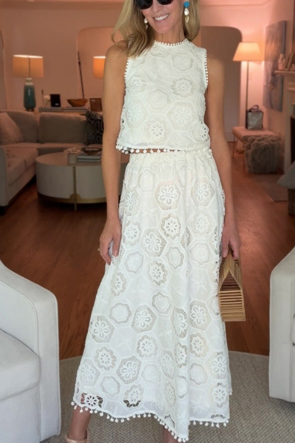 Sleeveless embroidered skirt suit casual loose vacation two-piece suit