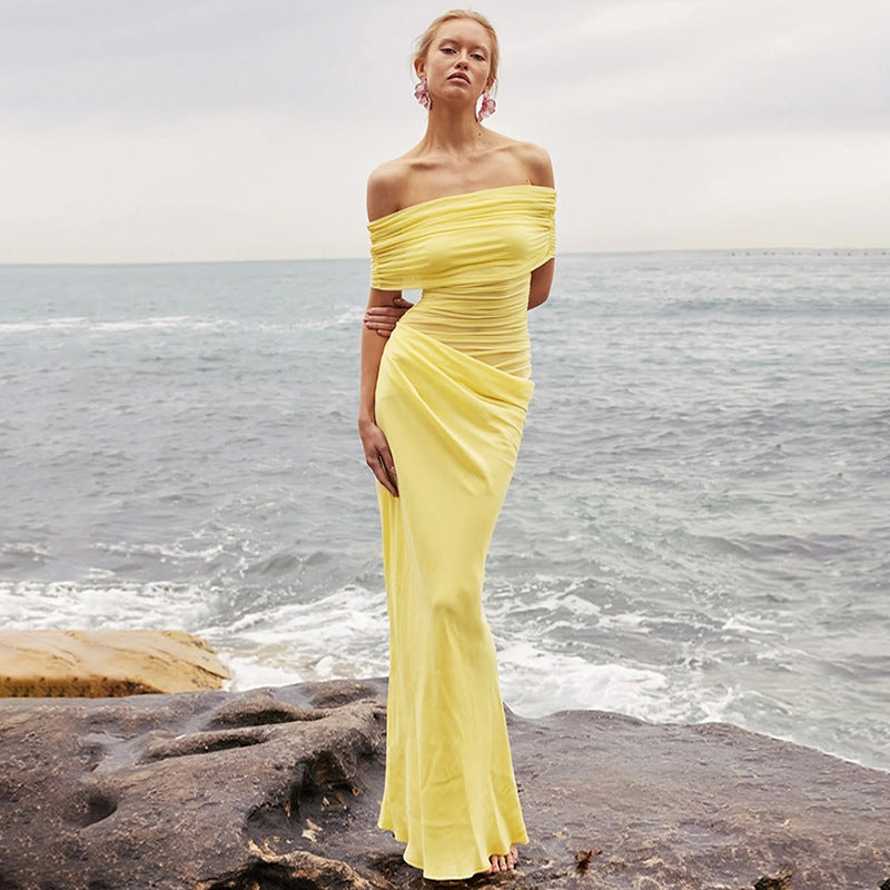 Off Shoulder Ruched Asymmetric Drape Hip Maxi Gown
