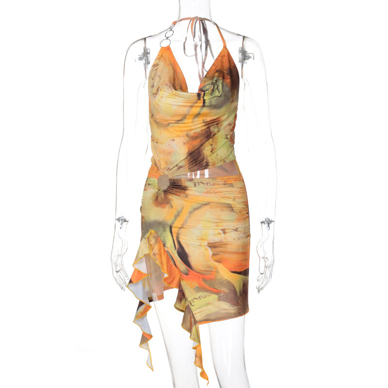 Printing Backless Lace up Dress - View 7
