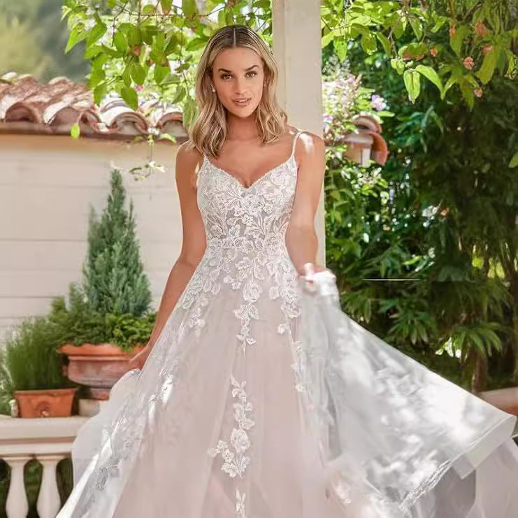 Spaghetti Strap Sheer Tail Wedding Dress