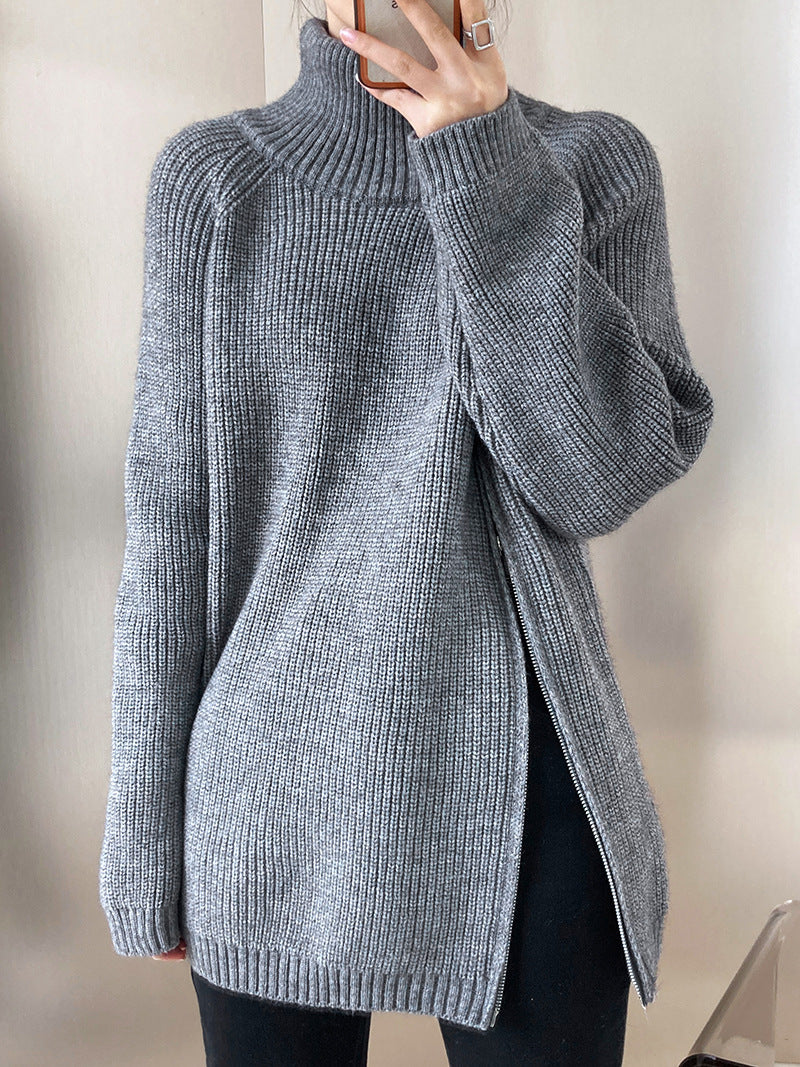 ShoptheCIC Solid Color Turtleneck Knit Sweater with Zip