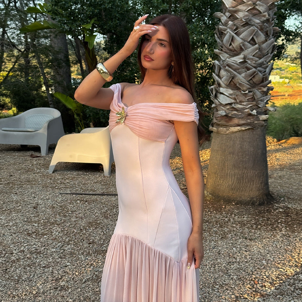 Off-Shoulder Ruched Brooch Drop-Waist Chiffon Maxi Gown 10