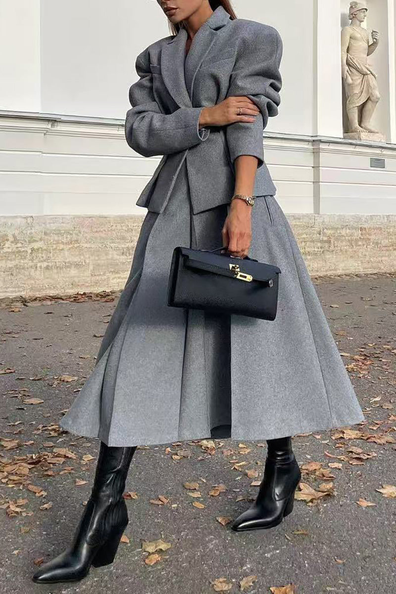Sophisticated Slim-Fit Woolen Suit Jacket and Skirt Set