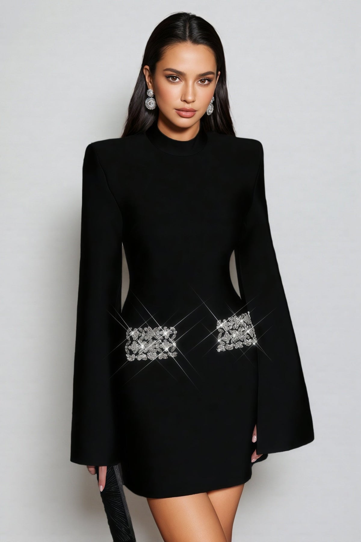 Rhinestone Waist Bandage Mock Neck Structured Bodycon Mini Dress - View 2
