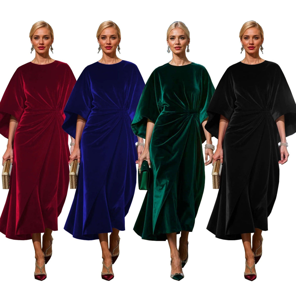 Velvet Round Neck Batwing Sleeve Side Twist Ruched Midi Cocktail Dress