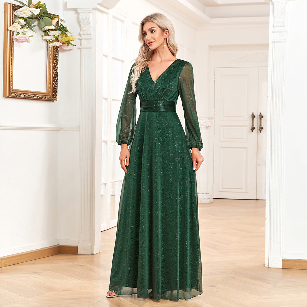 Glitter V-Neck Long Sleeve A-Line Chiffon Maxi Dress - View 3