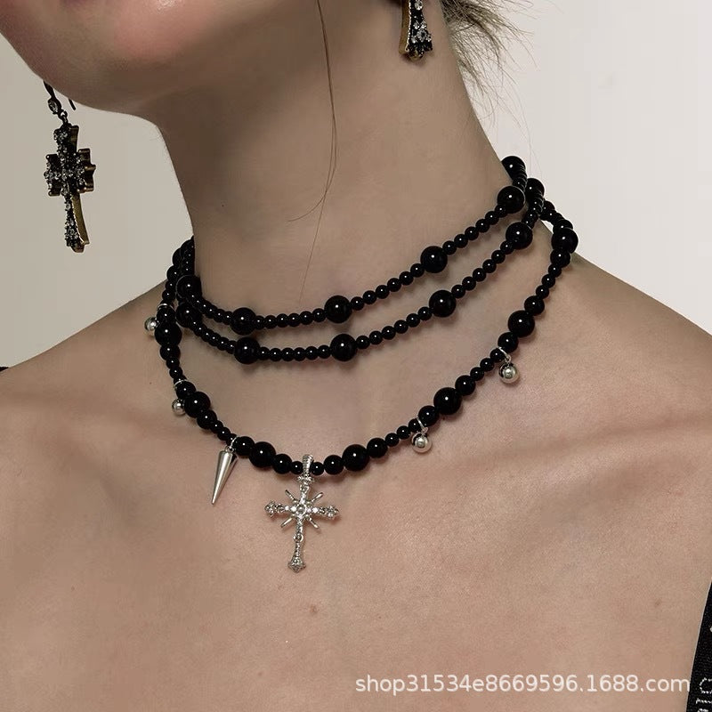 Dark Gothic Cross Beaded Multi-Layer Necklace for Elegance
