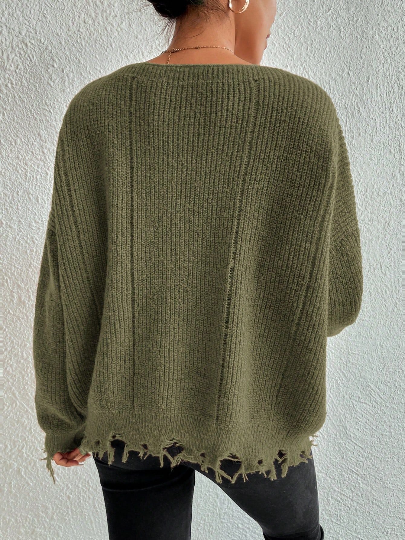 ShoptheCIC Loose Knit Ripped Design Round Neck Sweater