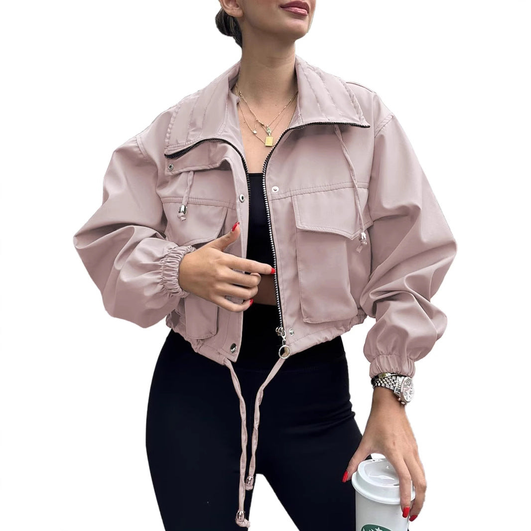 Zip Front Stand Collar Cargo Pocket Cropped Jacket 2