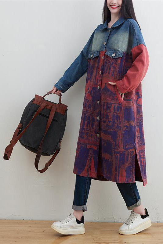 Stylish Knee-Length Patchwork Denim Trench Coat for All Seasons