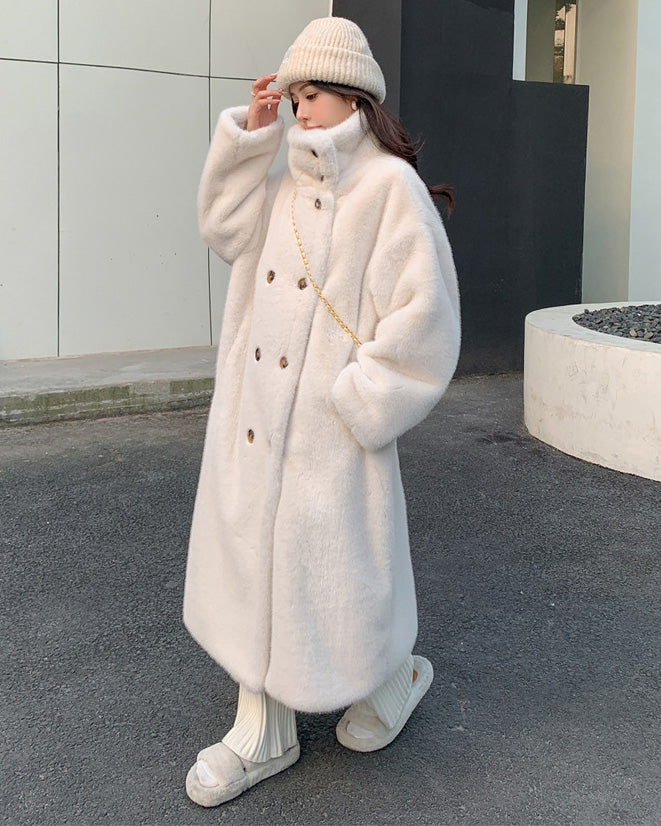 Double-Breasted Faux Mink Fur Long Coat with Stand-Up Collar