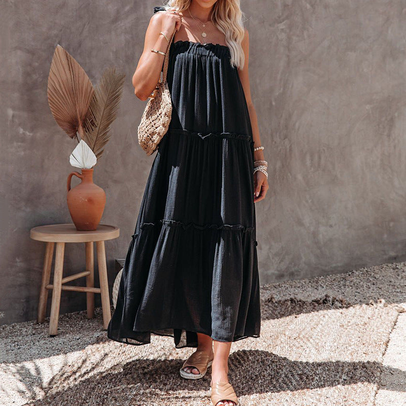 Tie Strap Ruffle Neck Tiered Maxi Dress
