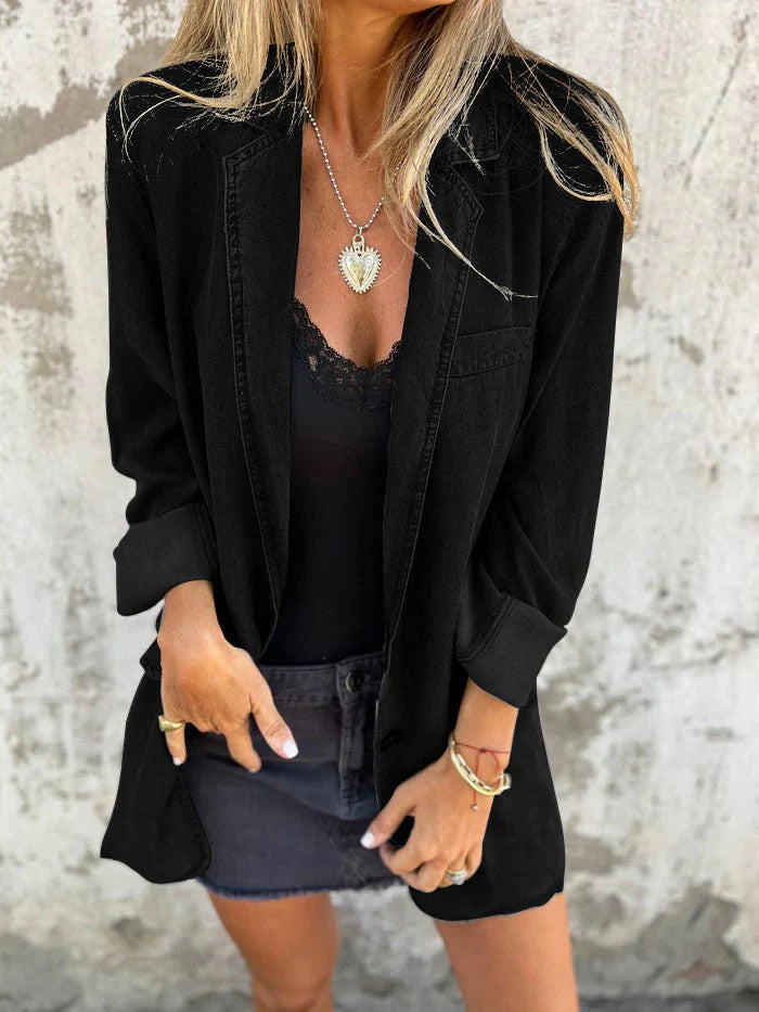 Loose Lapel Denim Mid-Length Jacket for Effortless Style
