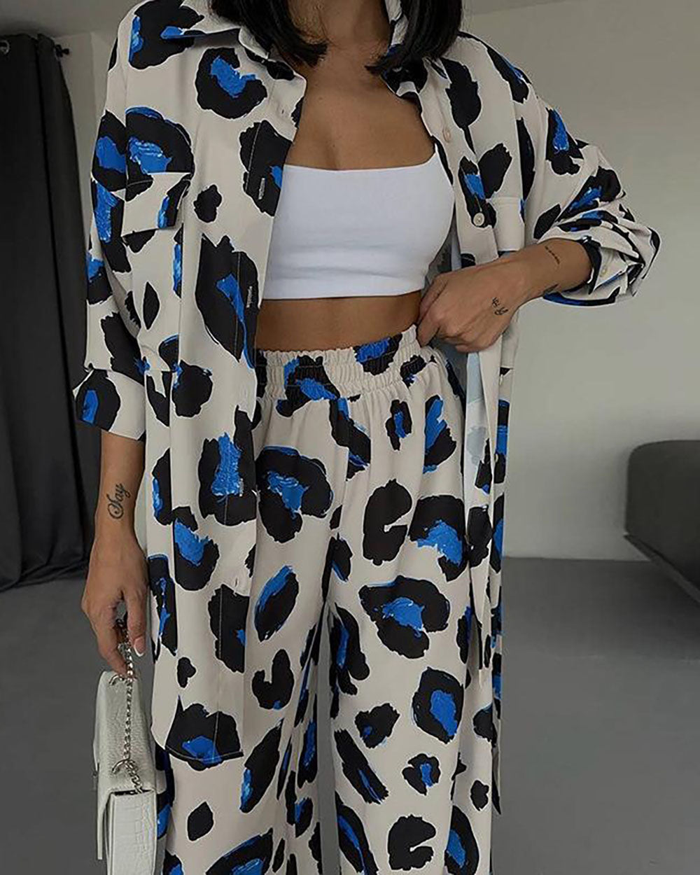 Leopard Print Long Sleeve Shirt Wide Leg Pants Two-Piece Set - Fashionpara