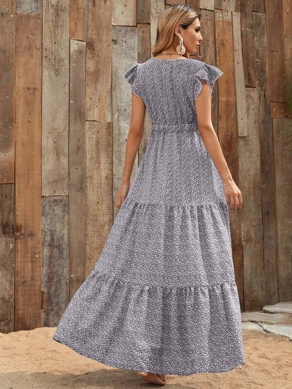 Floral Print V-Neck Flutter Sleeve Smocked Tiered Maxi Dress