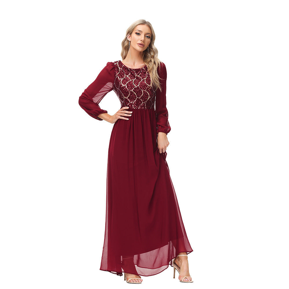 Sequin Round Neck Bishop Sleeve Chiffon A-Line Gown - View 6