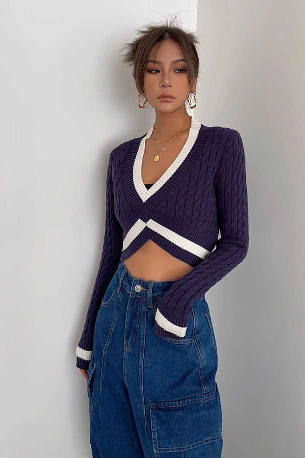 Contrast Cable Knit Crop Sweater for Effortless Style