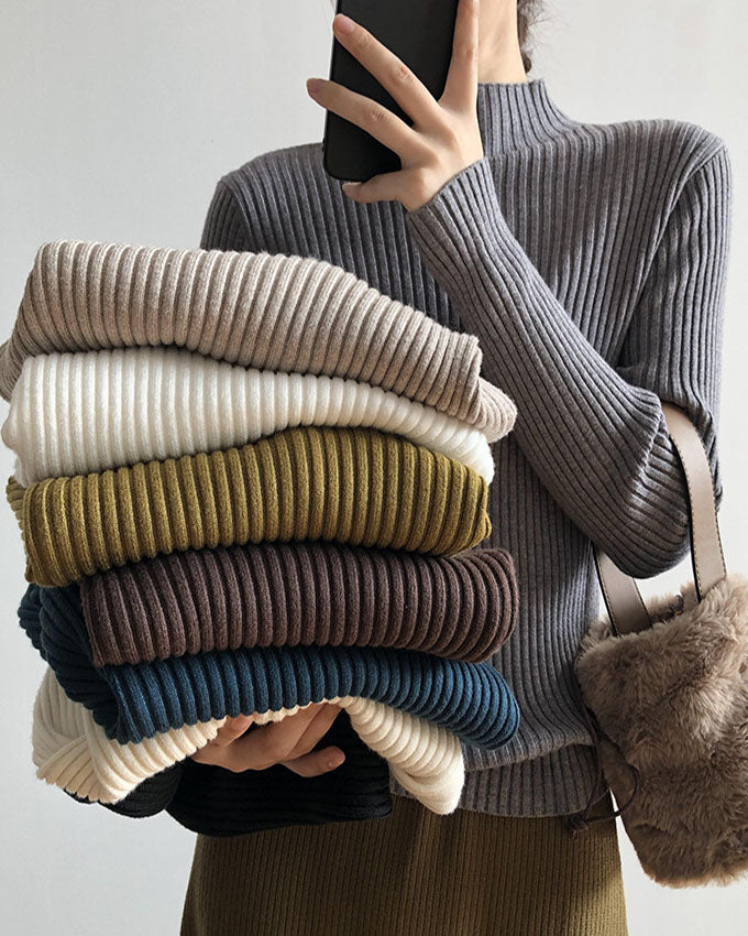Versatile Slim Fit Half Turtleneck Striped Sweater