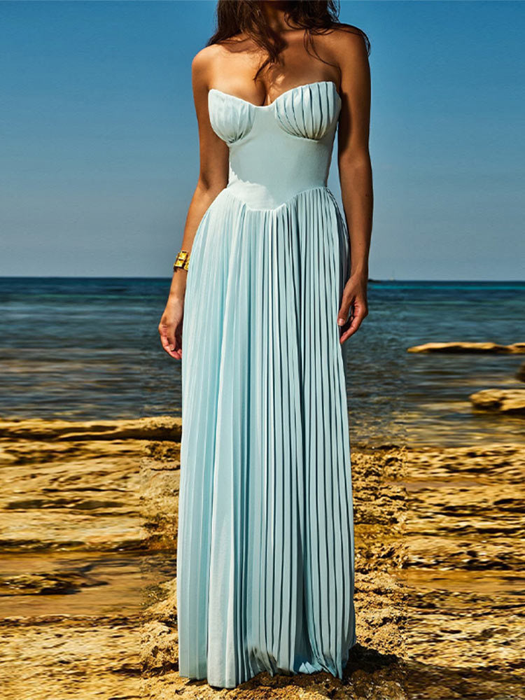 Elegant Pleated Strapless Maxi Dress - Fashionpara