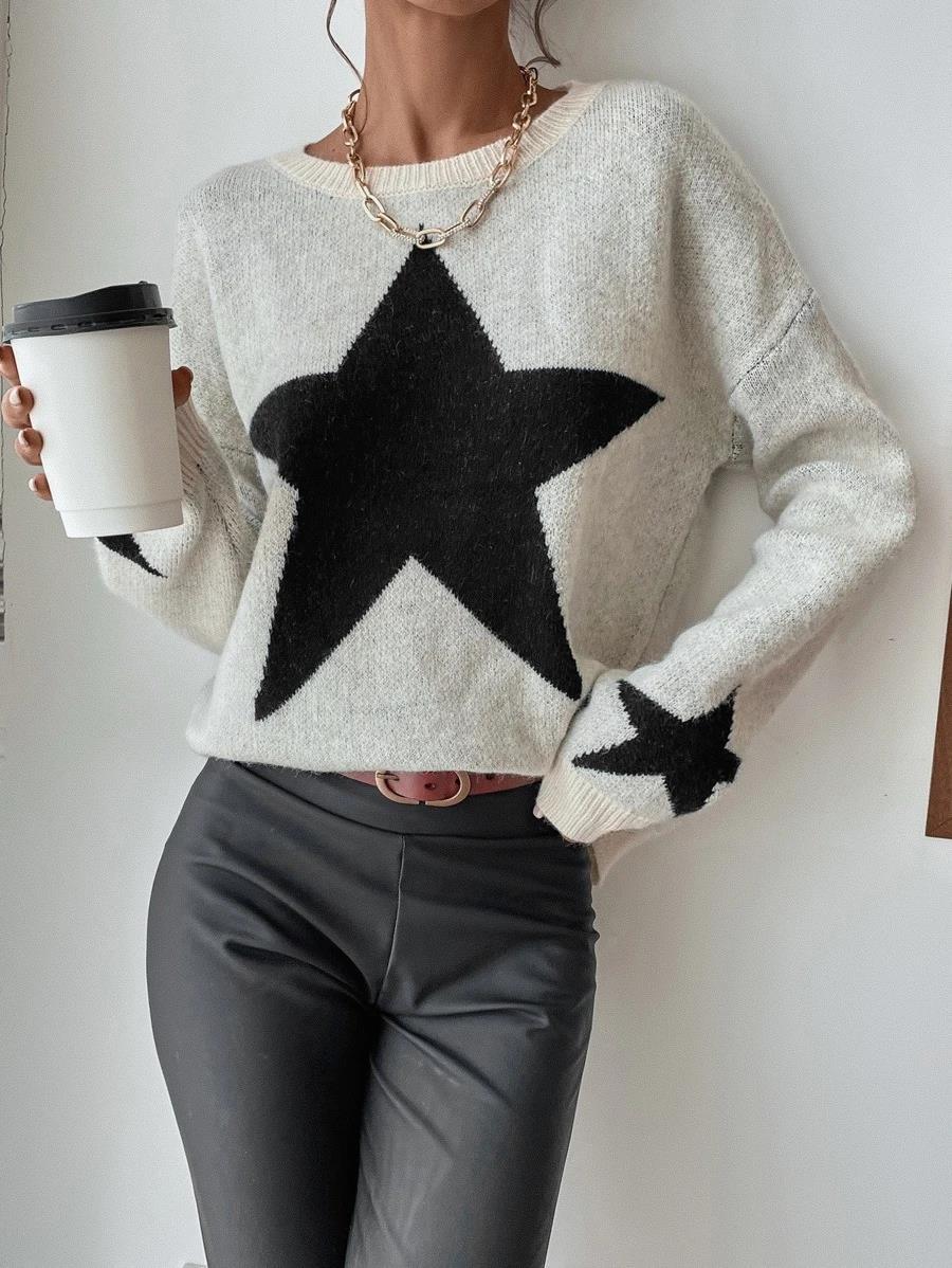 ShoptheCIC Big Stars Crew Neck Sweater for Everyday Style
