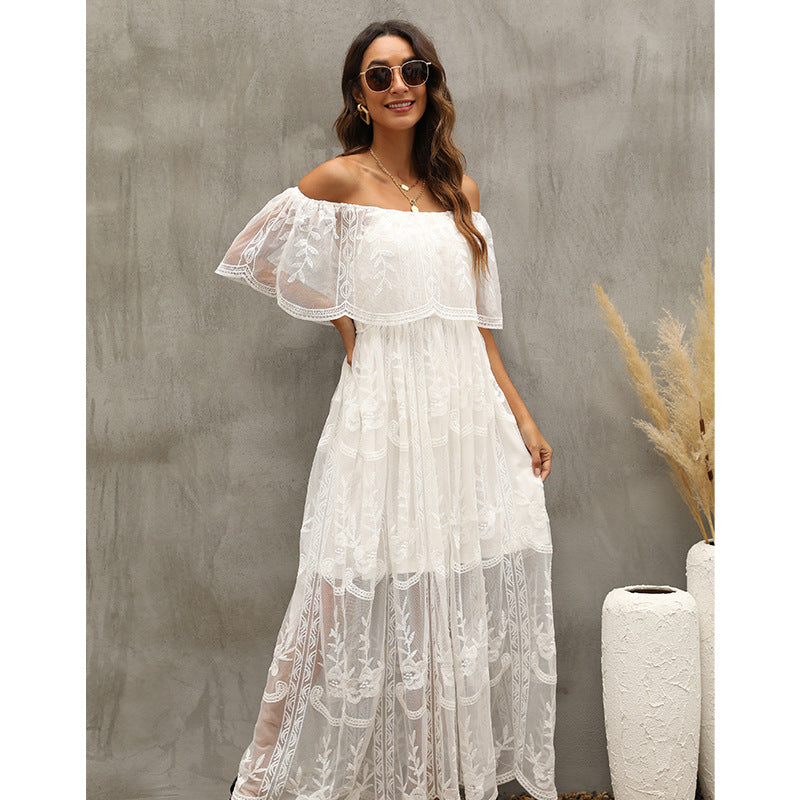 Embroidered Lace Off Shoulder Tiered Maxi Dress