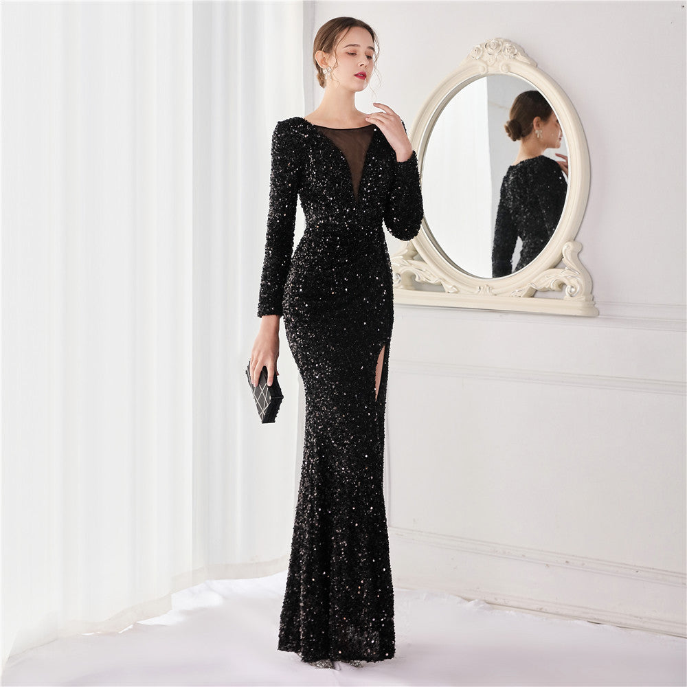 Cocktail Elegant Long Long Sleeve Sequined Atmosphere Fishtail Evening Dress - Fashionpara