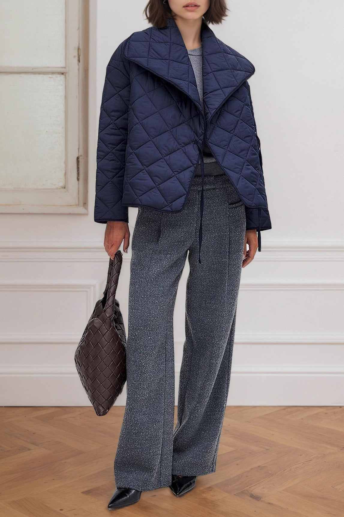 Navy Quilted Cropped Jacket with Large Lapels for Style