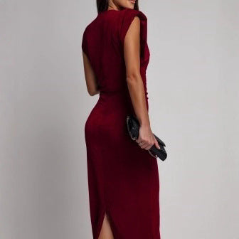 Deep V-Neck Button Front Ruched Bodycon Midi Dress