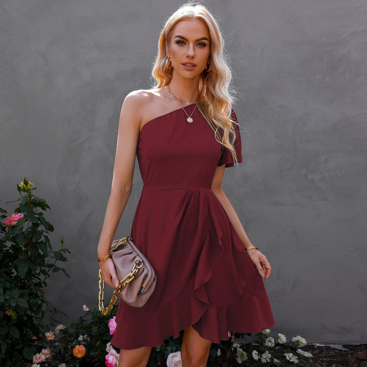 One Shoulder Ruffle Fit & Flare Mini Dress