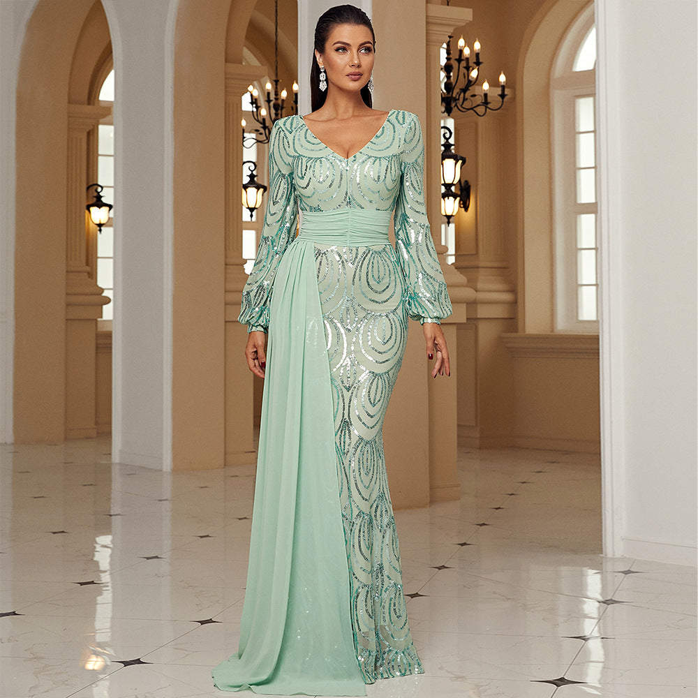 Long Sleeve Long Sequined V neck Cocktail Ribbon Evening Dress Bridesmaid - Fashionpara