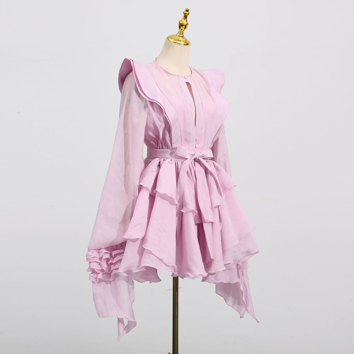 Chiffon Long Sleeve Tiered Ruffle Belted Mini Dress 3