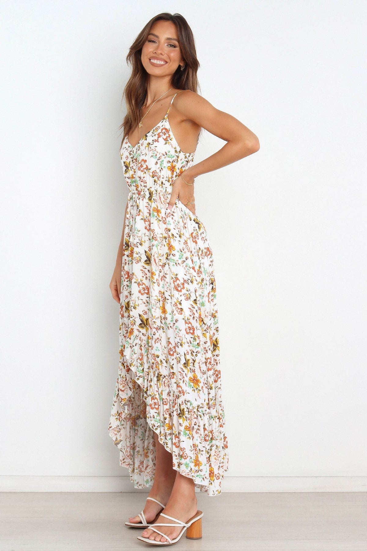Bingham Satin Floral Ruffle Maxi Dress - Cream