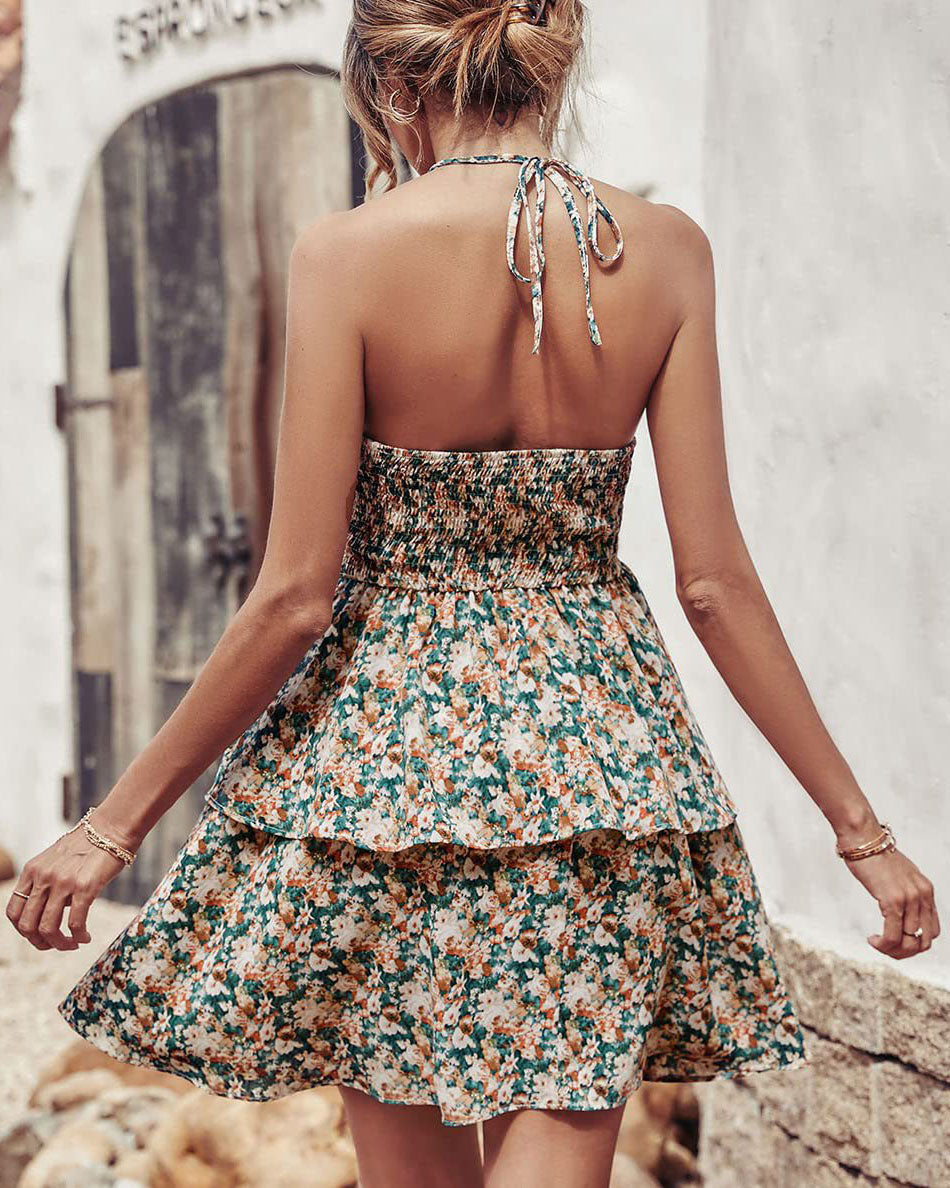 Halter Neck Backless Floral Sleeveless Dress