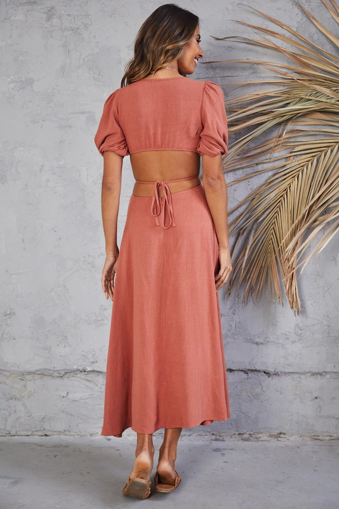 V-Neck Puff Sleeve Cut-Out A-Line Midi Dress