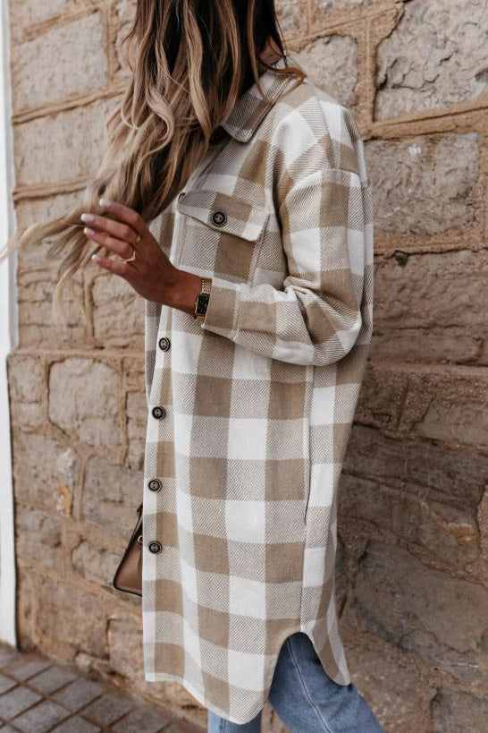 ShoptheCIC Long Lapel Plaid Single-Breasted Coat Jacket