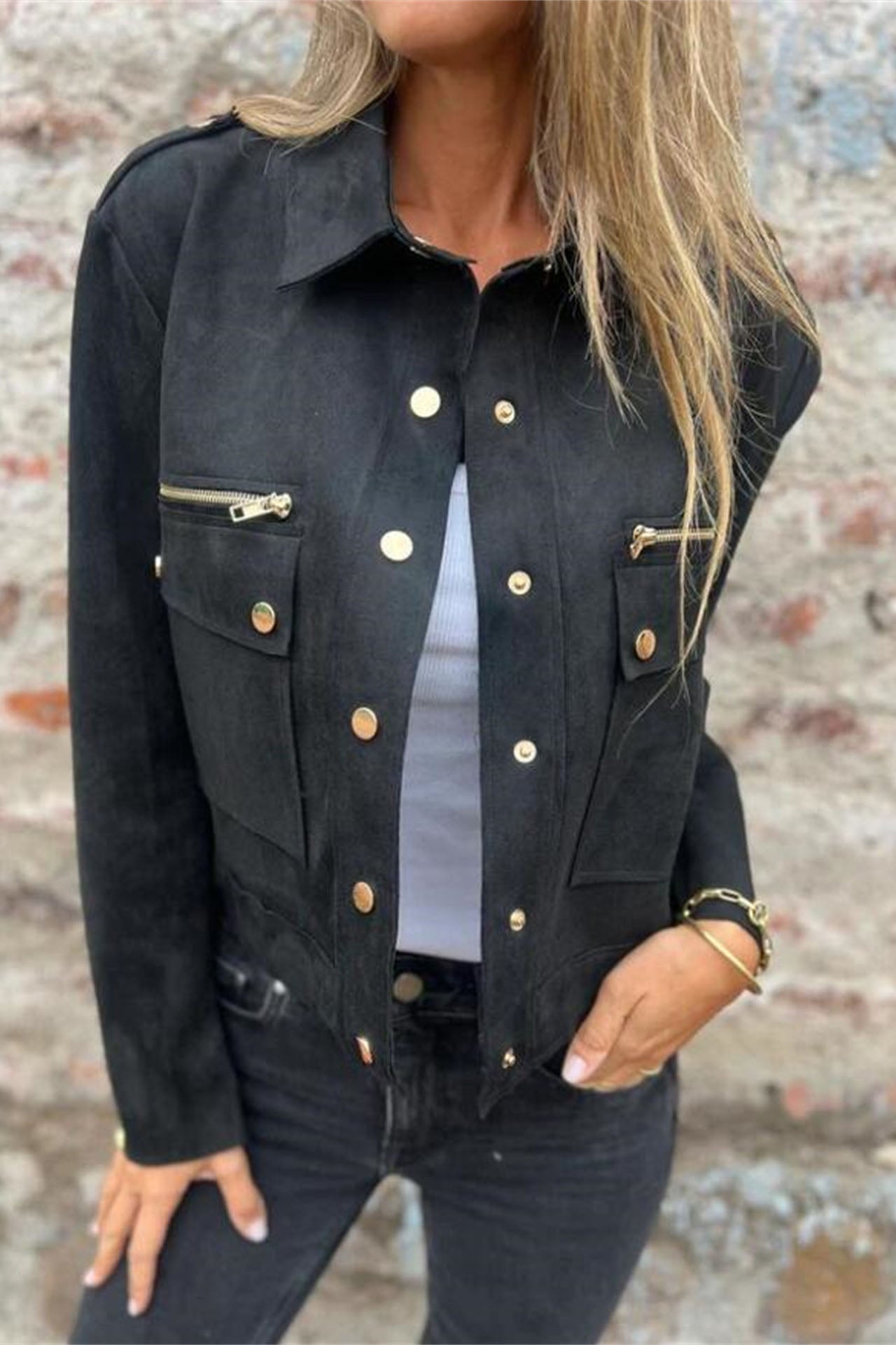 Lapel Long Sleeve Jacket with Metal Zipper for Stylish Comfort