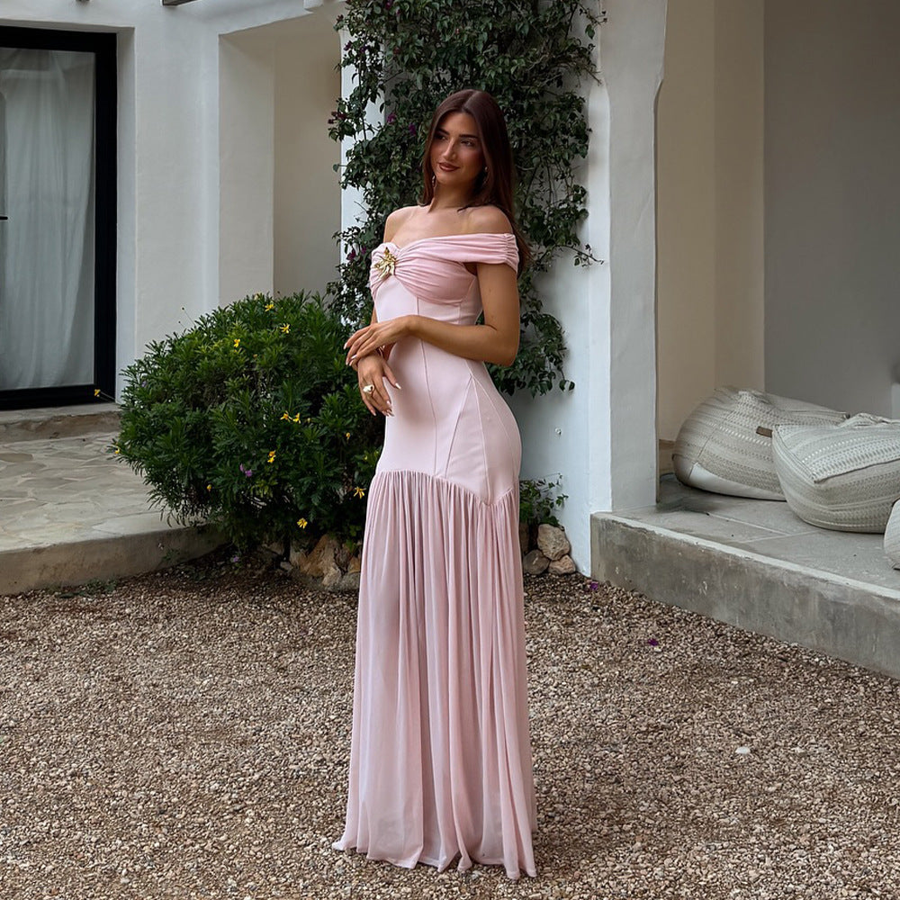 Off-Shoulder Ruched Brooch Drop-Waist Chiffon Maxi Gown 7
