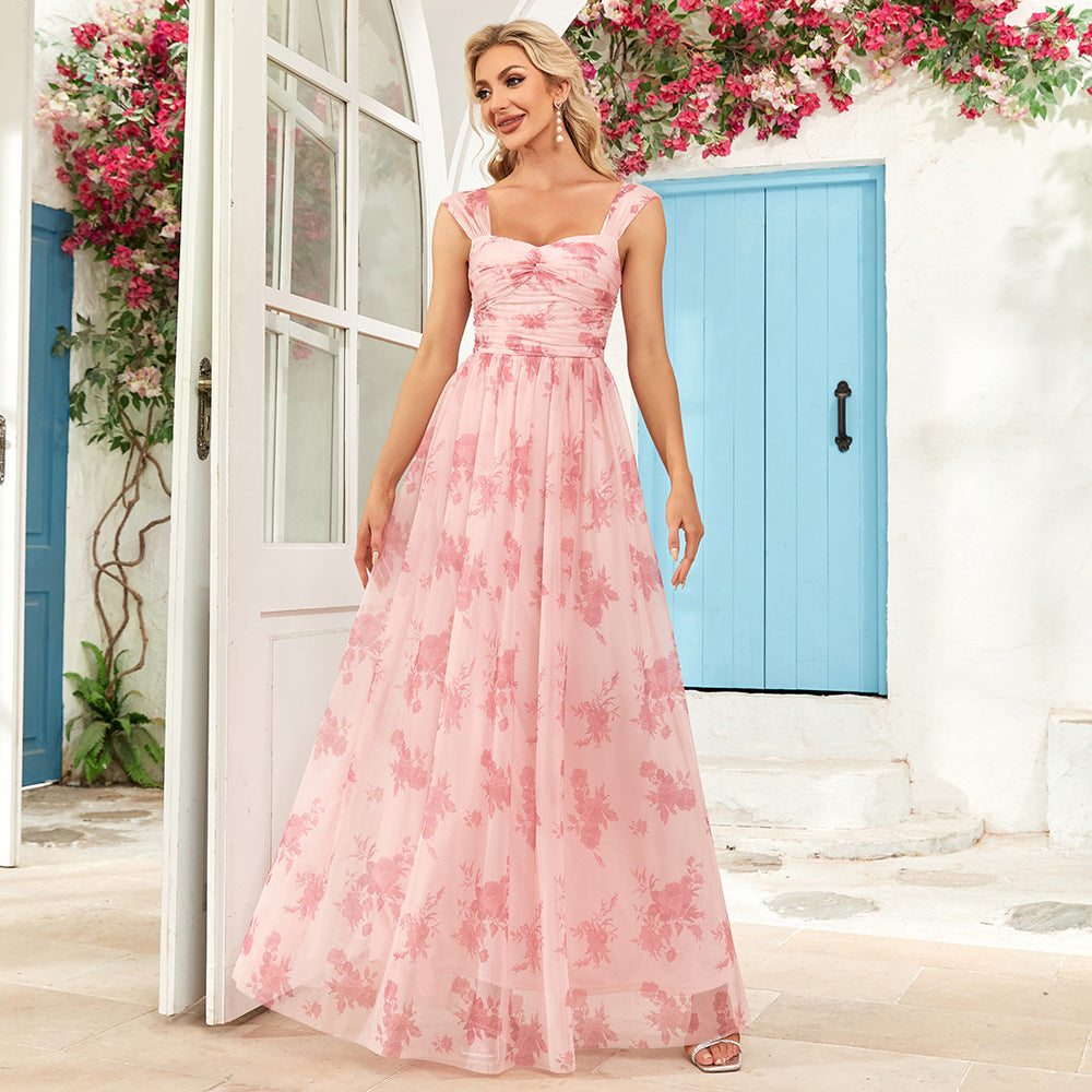 Floral Sweetheart Neck Ruched Tulle A-Line Maxi Dress