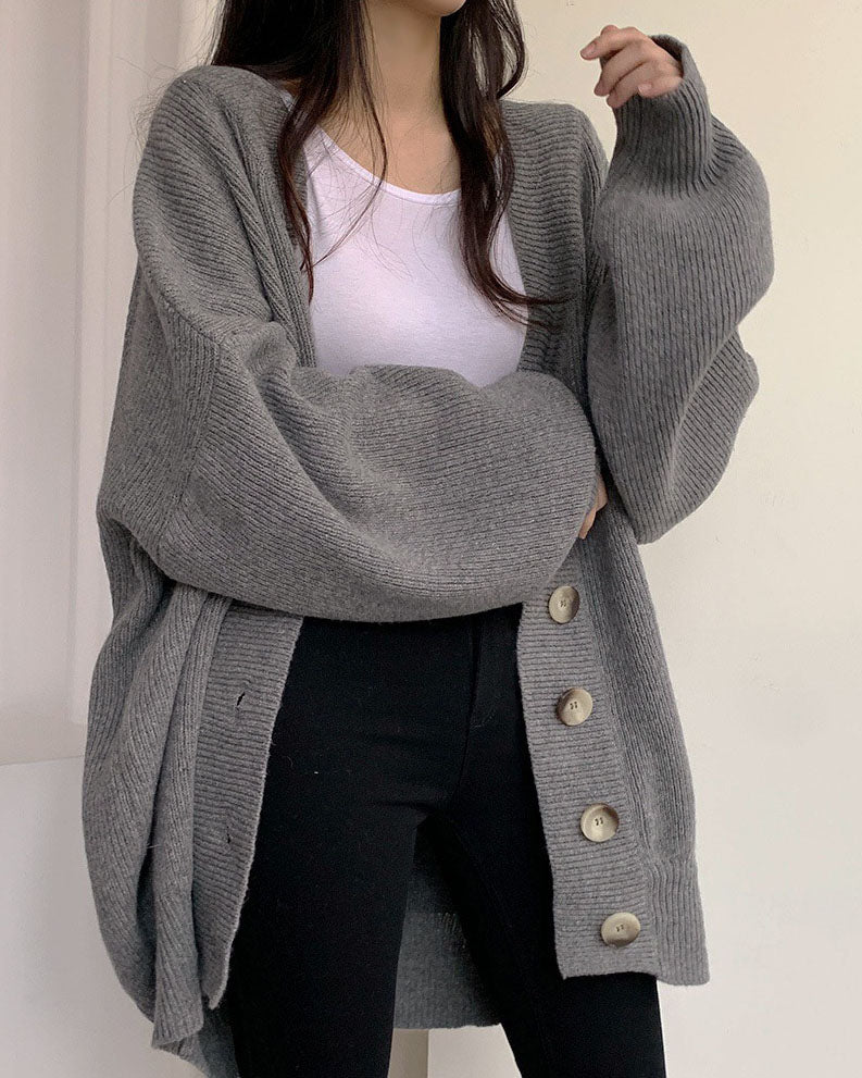 V-neck Loose Lantern Sleeve Knitted Cardigan Sweater