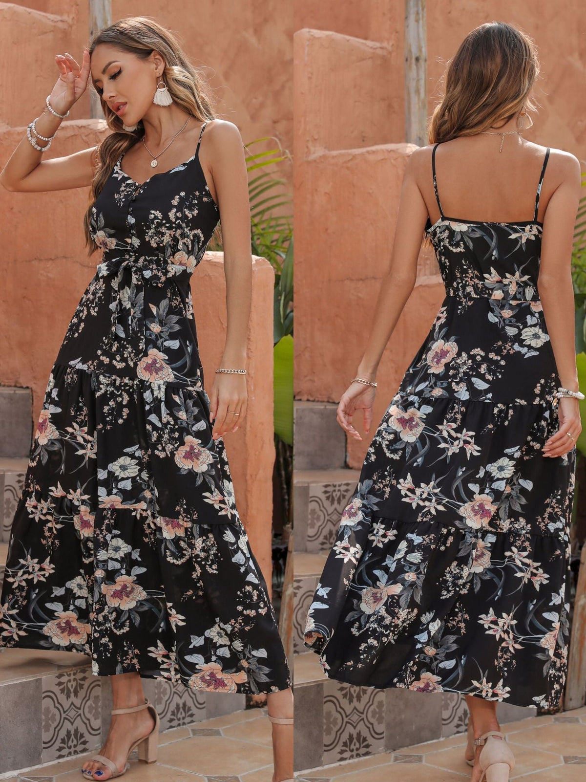 Floral Print Button Front Tiered Maxi Dress