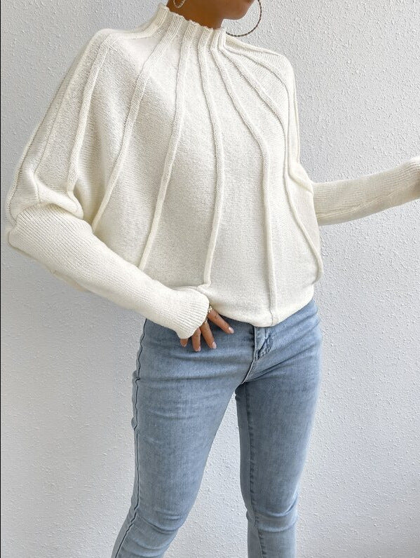 White Bat Sleeve Turtleneck Pullover Sweater for Chic Style